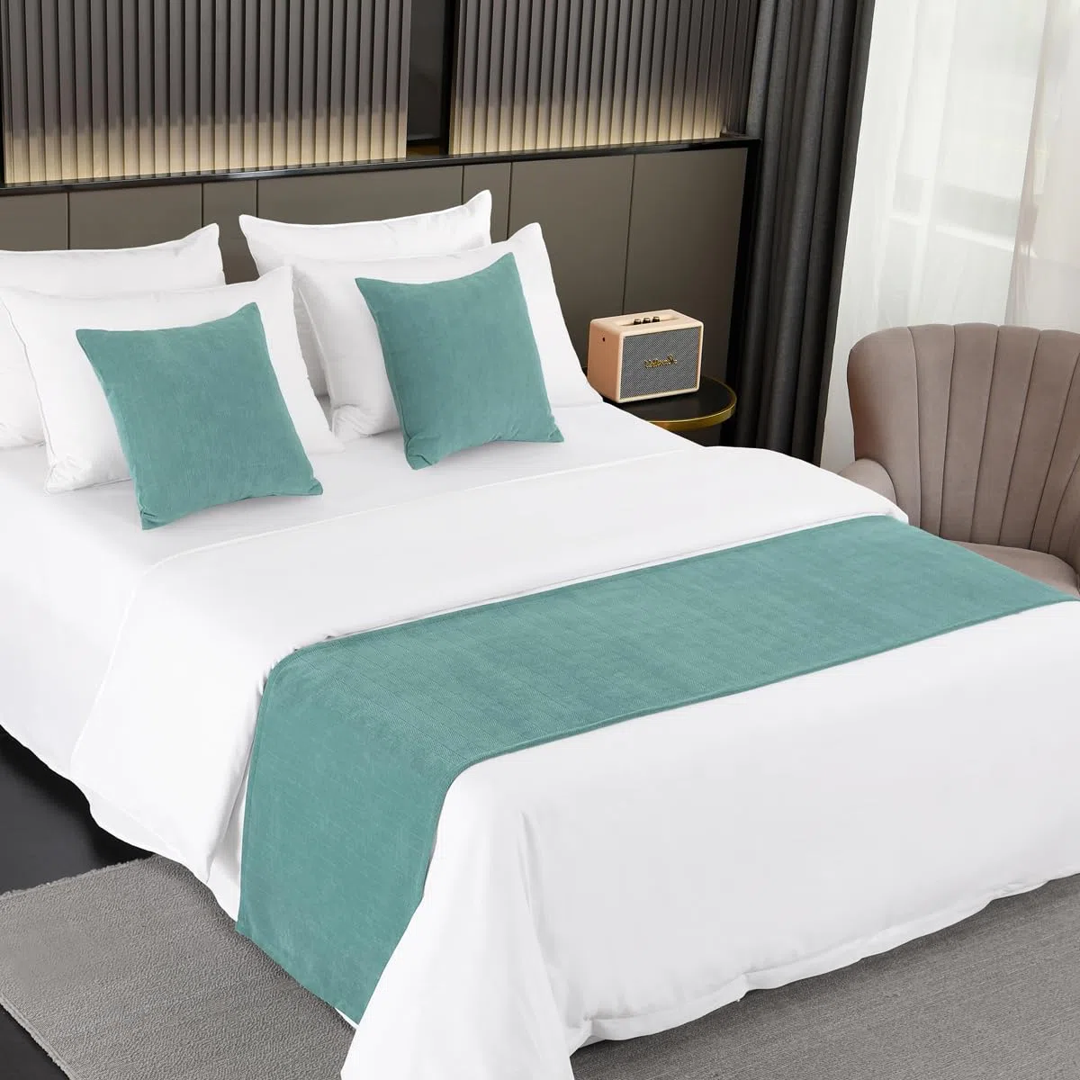 AMBERIS Camino de Cama Azul-Verde Chenier de una Sola Planta, Moderna Bufanda de Cama Decorada en Hotel Familiar (Las Fundas de cojín se Venden por Separado)