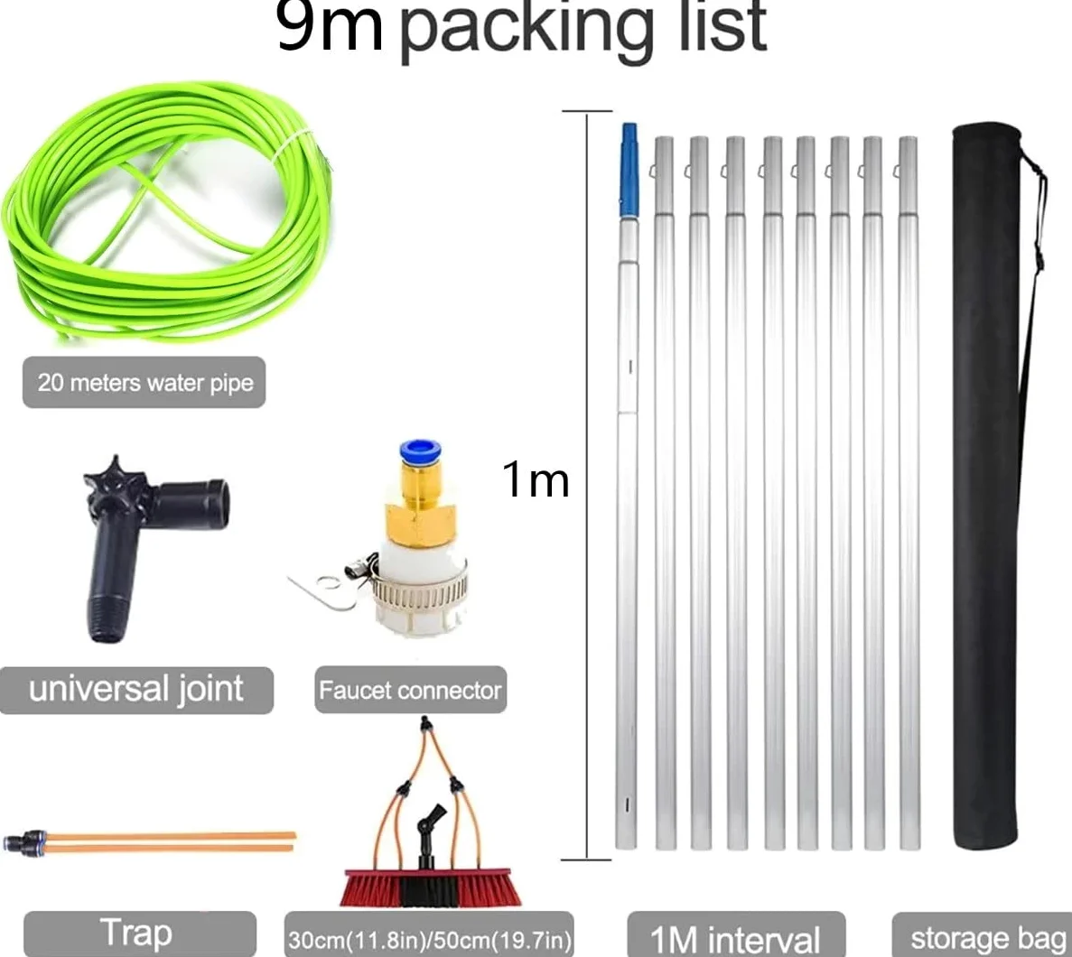 Barra de limpieza de ventanas alimentada con agua de 9 m, kit de cepillo extensible para canalones y invernaderos, ideal para uso profesional y doméstico, fácil de usar y ligero