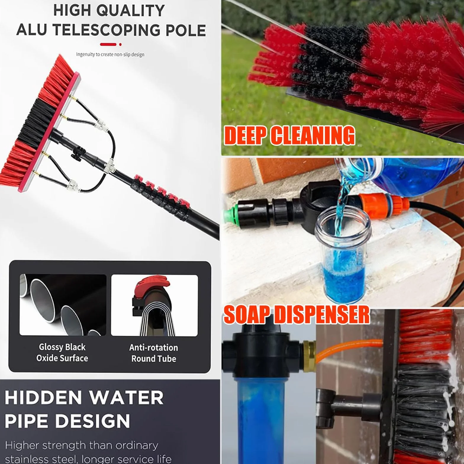 Genérico Cepillo telescópico para Ventanas de 3,6-10,8 m con alimentación de Agua, con escobilla de Goma y dispensador de jabón, hidrolimpiador, pértiga, Limpiador de techos de Invernadero