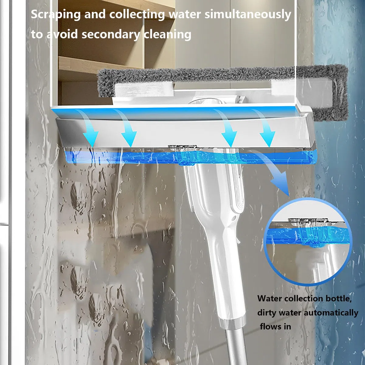 4 en 1 Spray Limpiador De Cristales con Colector De Aguas Residuales Y 3 Paños Microfibra, Limpiador De Cristales con Varilla De Extensión para Ventanas Altas Interior/Exterior