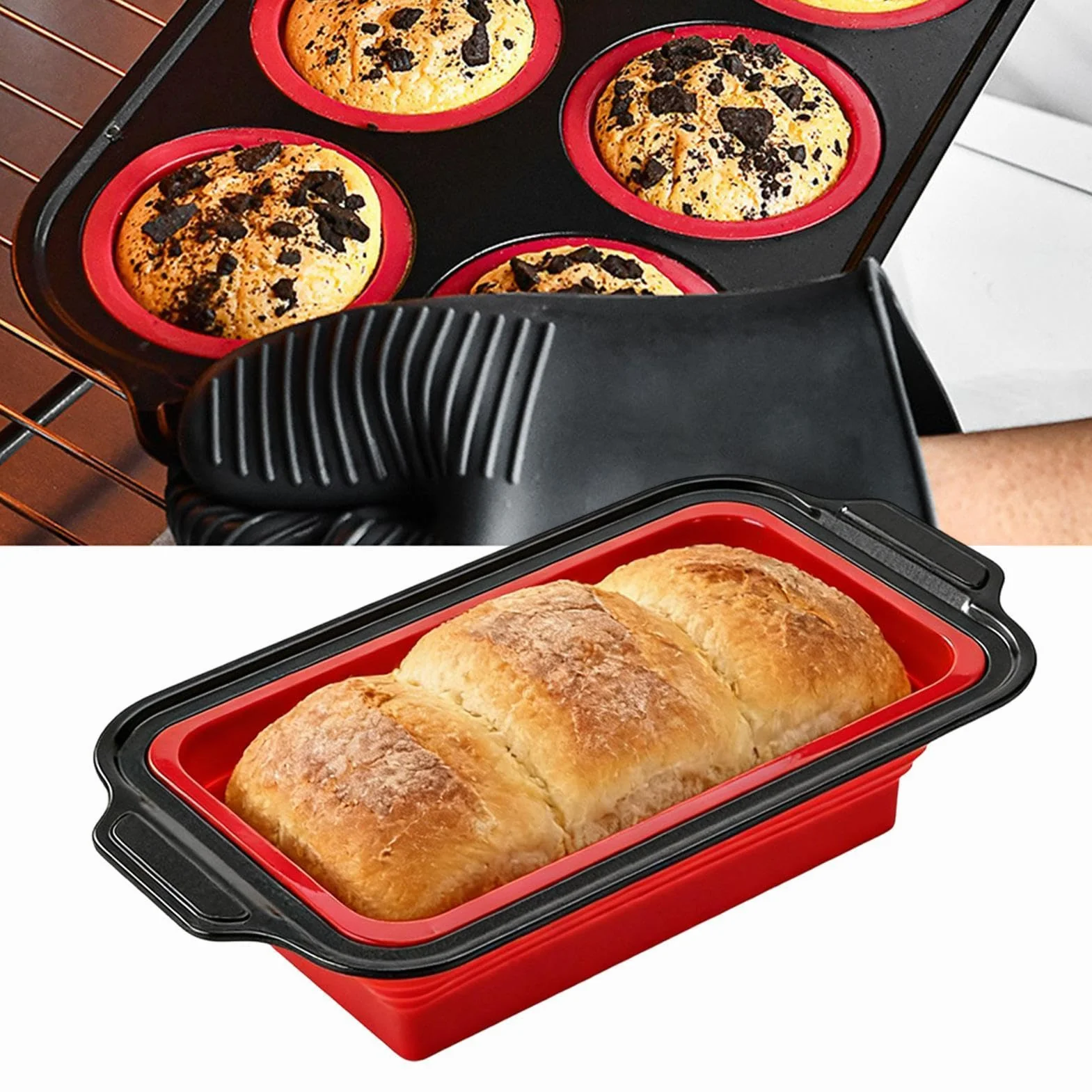 Juego de Moldes de Silicona para Hornear Apilable y Flexible | con Guante, Rasqueta y Cepillo Set Antiadherente para Hornear Para pan, galletas, huevos, horno, tostadora