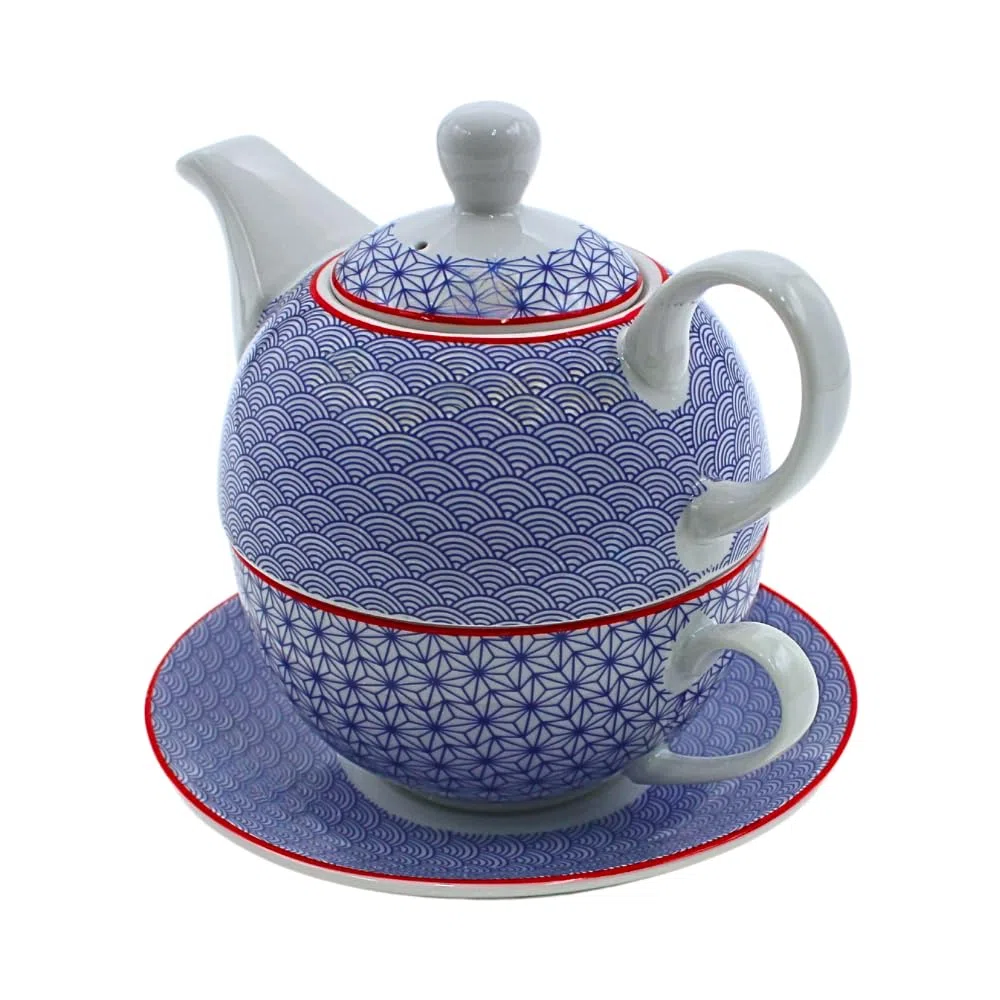 Dekohelden24 Jarra de porcelana, juego Tea for one, jarra para servir té, tetera, juego de té, taza de té con tetera, juego de teteras retro con taza de té de porcelana en azul, 15 x 15 x 16 cm (L/A/H