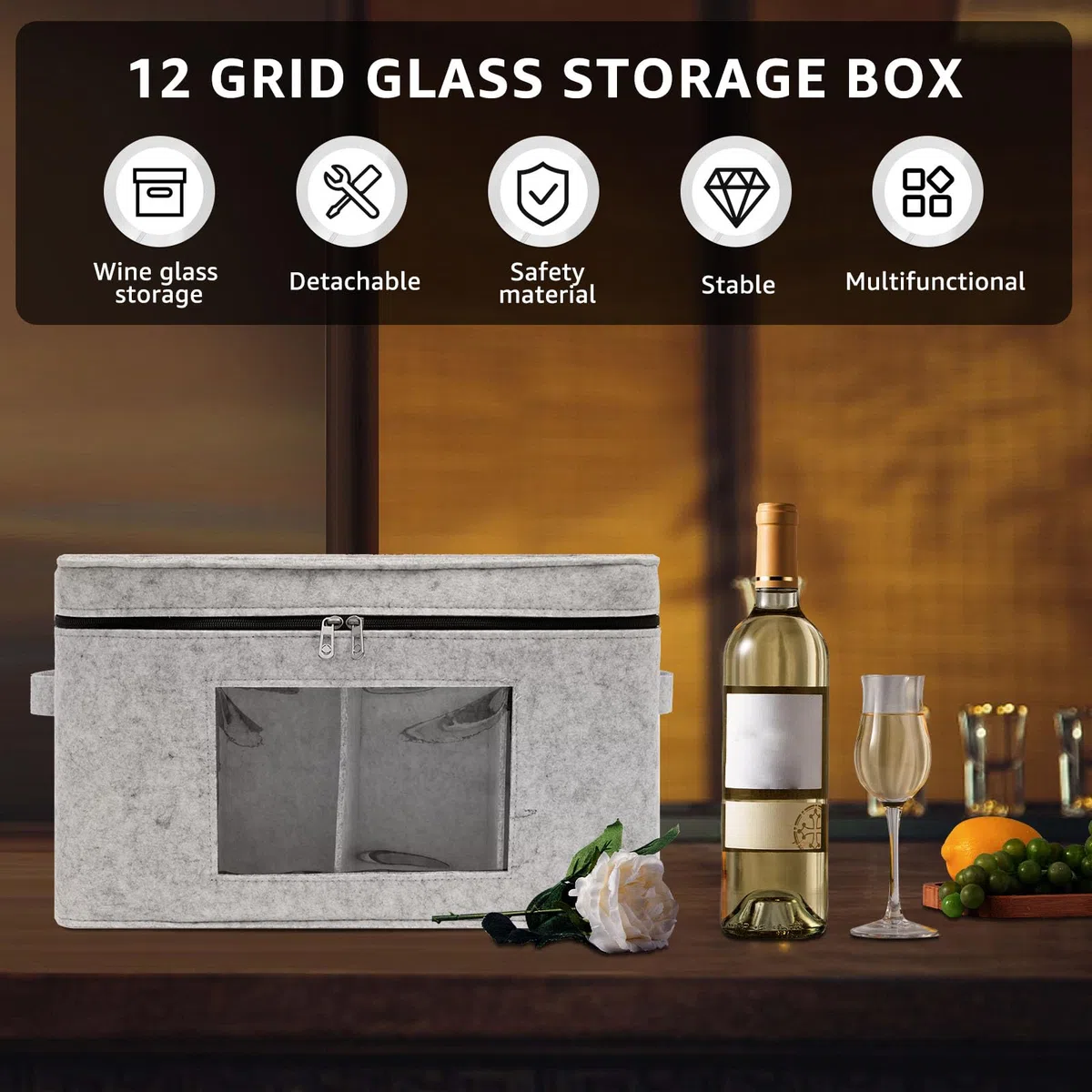 Caja de almacenamiento para copas de vino, organizador con 12 compartimentos y asa, ventana transparente, caja de cartón para 12 copas de vino, copas de vino tinto, copas de champán, copas