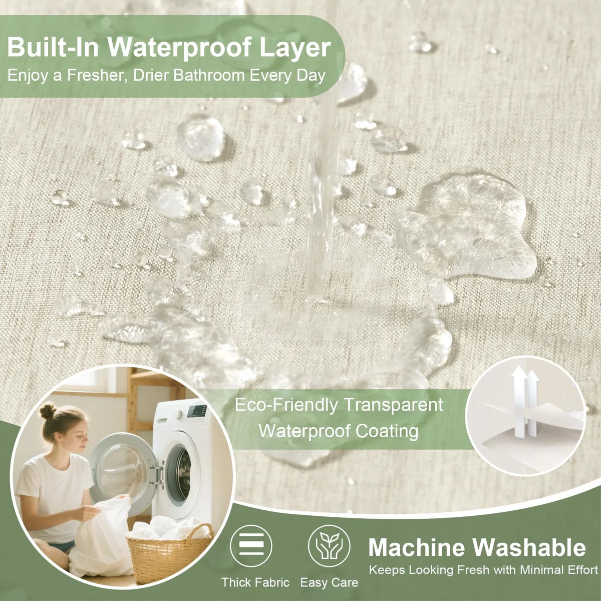Cortina de Ducha de Lino Texturizado con Revestimiento Impermeable, Ojales Grandes, 230GSM Cortina de Baño de Tela Resistente, Dobladillo Pesado, Lavable, Instalación Fácil, 183x191cm, Crema