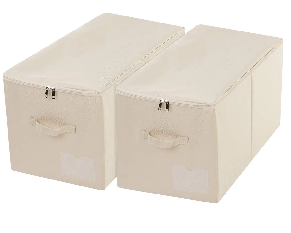 2 cajas de almacenamiento de tela plegables grandes con tapa con cremallera para ropa de cama Queen/King Size ropa de invierno en el dormitorio armario, beige
