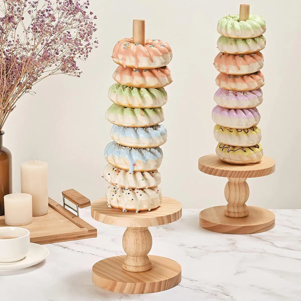 Soporte para Donuts 4 Piezas Exhibición Decoración Rústica | Torre Para Donas Y Bagels Para Postres Bodas Cumpleaños Navidad Shower Mesa De Catering Buffet Hogar Restaurante Casa De