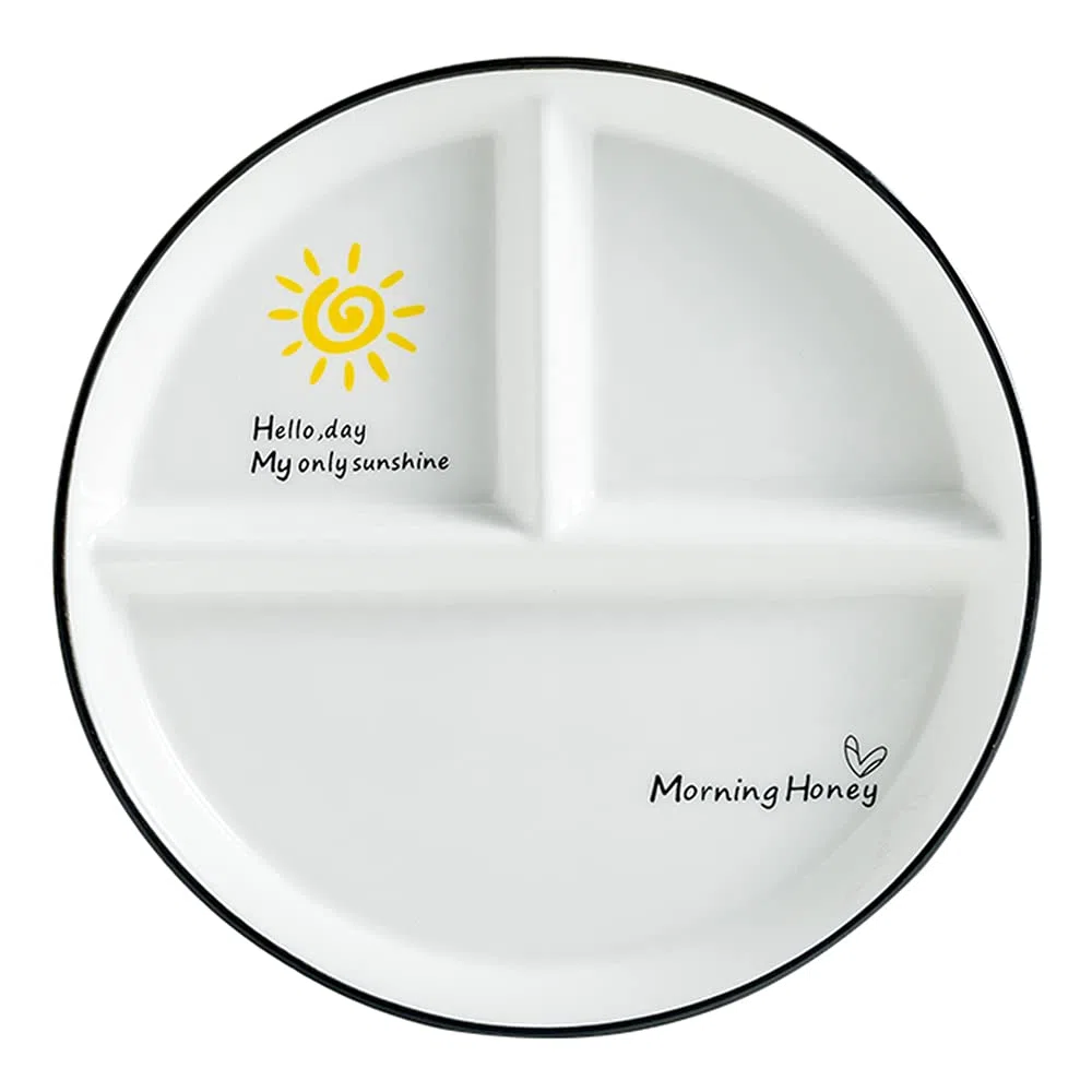 Plato Redondo de Porcelana para Control de Raciones, Dividido para Dieta de Adultos, Adelgazamiento y Alimentación Saludable, Diámetro: 23cm/9 inch