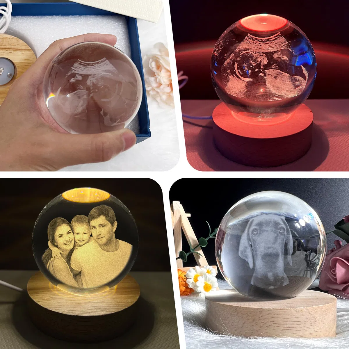 Bola de Cristal Personalizada con Base de Luz LED, Bola de Decoración con Grabado de Foto por Ultrasonido, Marco de Texto y Fotos Personalizable, Regalos Sorpresa para Futuros Padres
