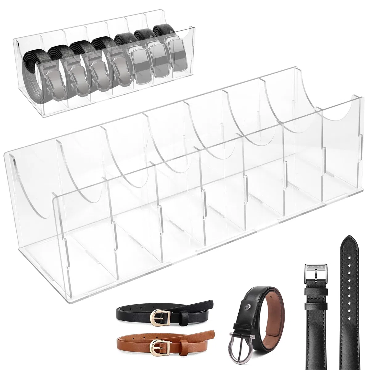 ZONJIE Cinturón de Almacenamiento - Organizador de Cinturón Acrílico con 7 Compartimentos, Soporte para Cinturón para Hombre, Transparente