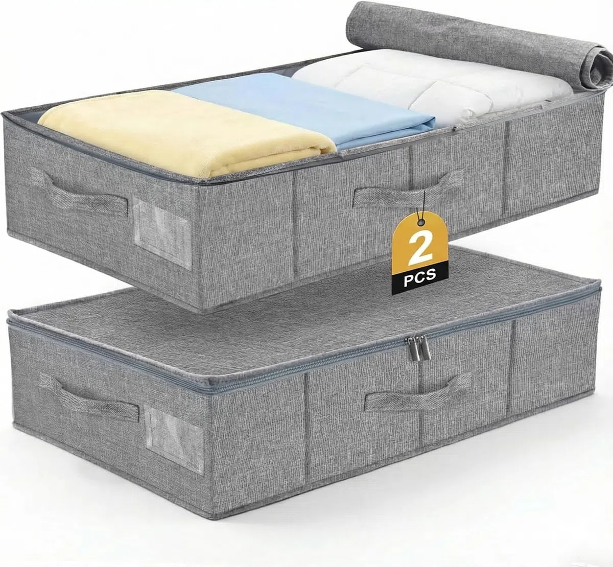 Set de 2 Cajas de Almacenamiento bajo Cama de 17cm de Altura – Mueble bajo Cama con Cubierta de Lino, 3 Asas + Cremallera Doble, Almacenamiento bajo Cama para Ropa de Cama y Ropa Seasonal | Manta de lino con 3 asas + doble cremallera, caja de almacenamien