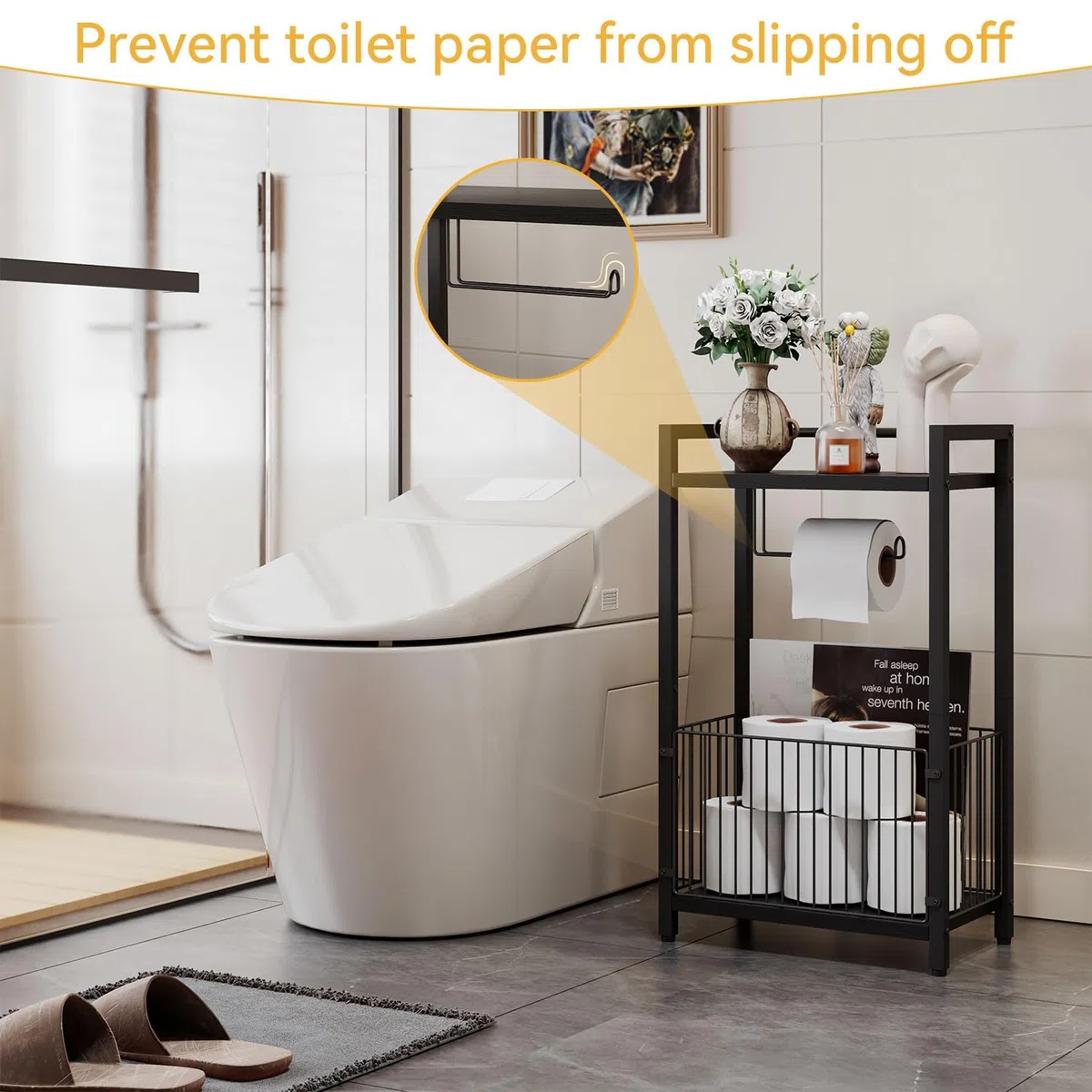 IBUYKE Soporte de papel higiénico independiente con estante de almacenamiento, dispensador de rollos de papel higiénico de baño con espacio adicional para rollos, revistas, toallitas húmedas, negro