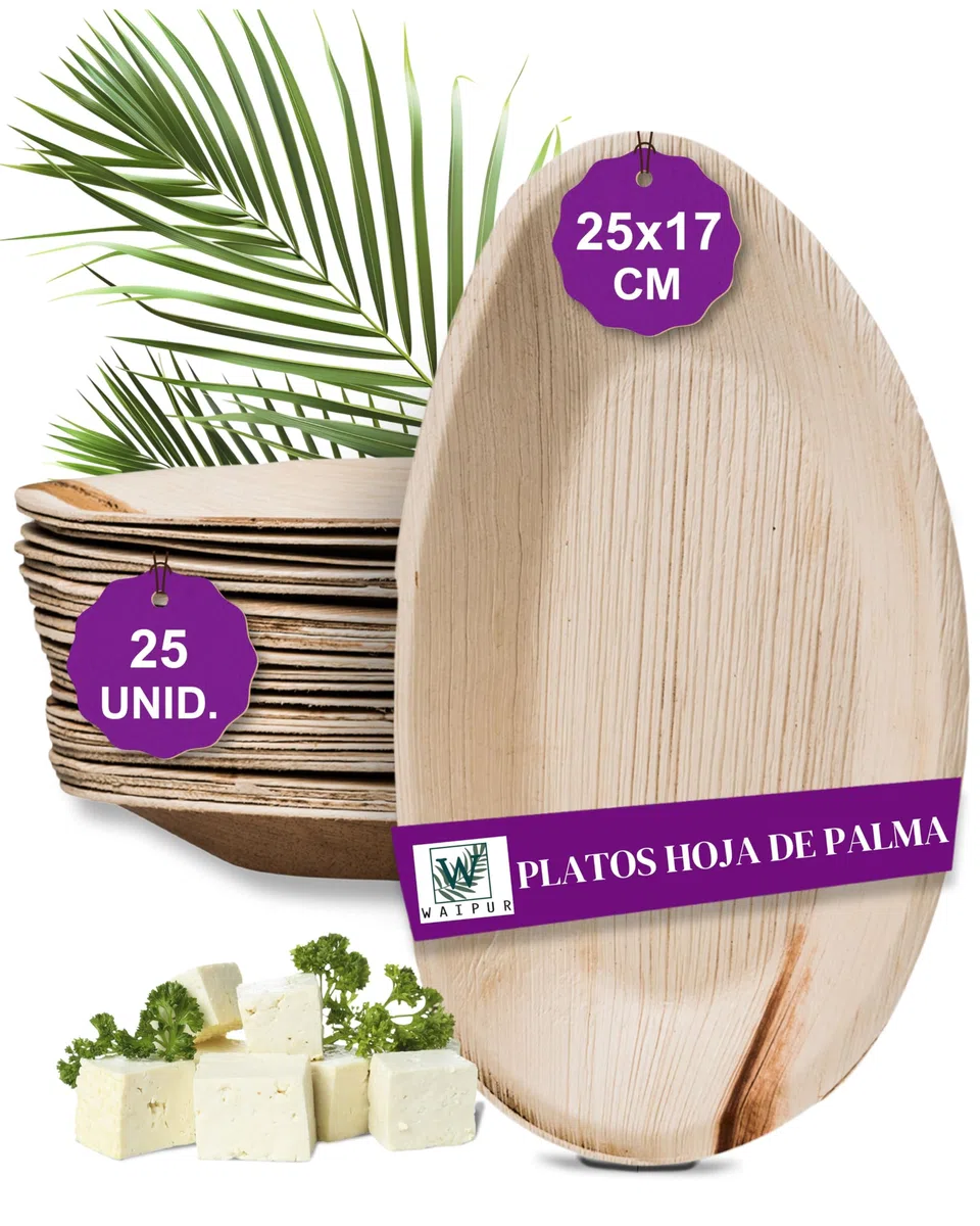 25 Platos Desechables de Hoja de Palma Orgánicos - Ovalado 25 cm - Vajilla Ecológica - Estable, Natural y Biodegradable - Elegantes para Fiestas - como Menaje de Bambu