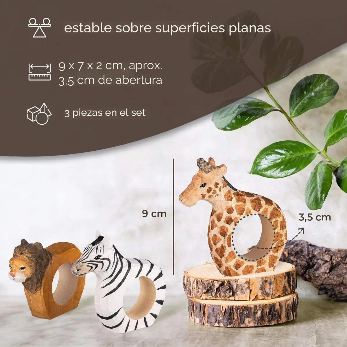 Juego de 3 Servilleteros, Mundo Animal de África: León, Cebra y Jirafa. Tallados y Pintados a Mano en Madera, Aprox. 9 x 7 x 2 cm