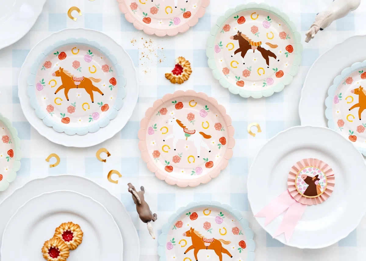 Vajilla de 48 piezas, diseño de pony, caballos dulces, cumpleaños, niñas, niños, fiestas, cumpleaños infantiles, adultos, vajilla de cartón, caballo, jinete, para 12 personas