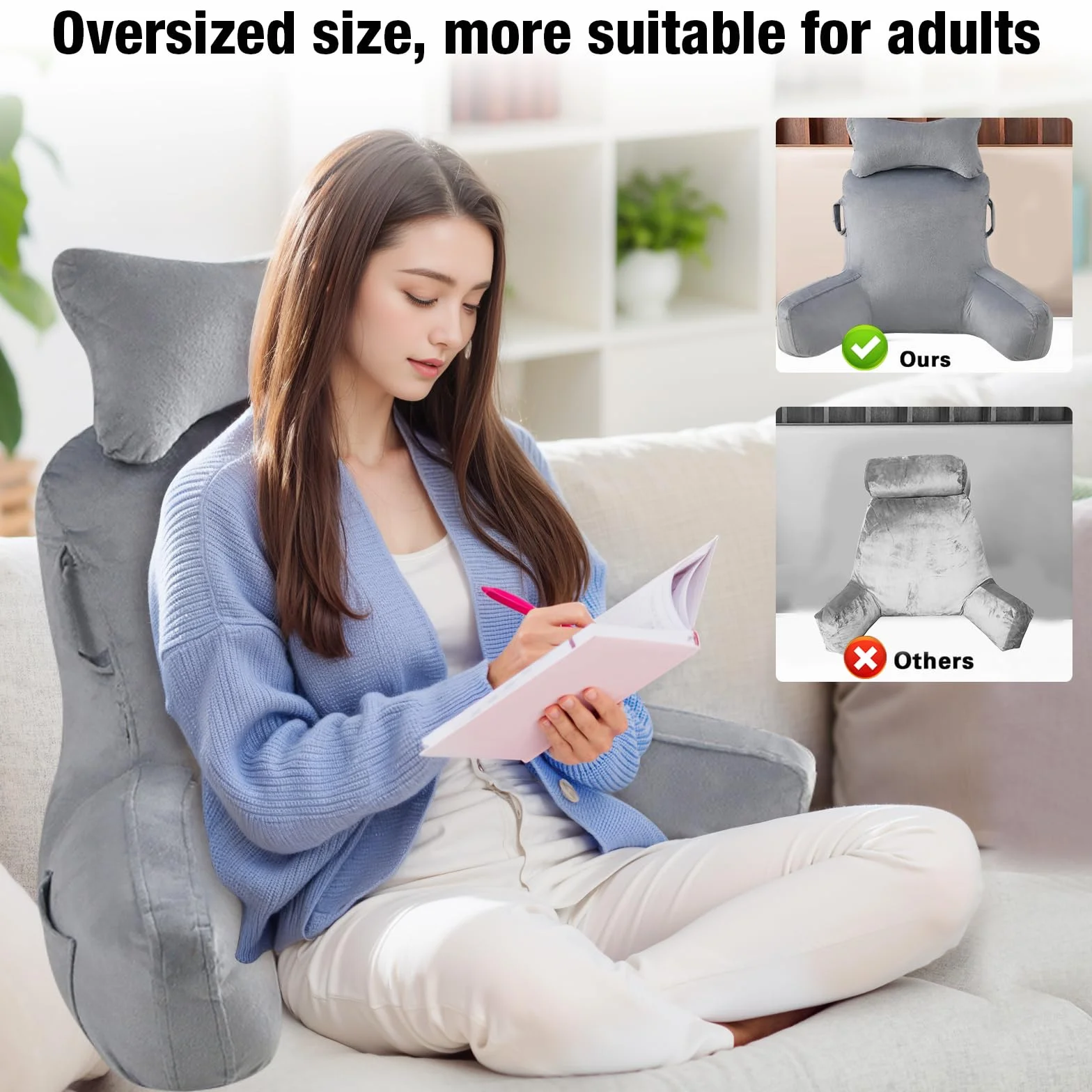 Suewidfay Almohada Lectura Cama, 90x80cm Grande Cojín Lectura con Respaldo Apoyo Lumbar y Cuello Desmontable y Brazos, Cojin Respaldo para Trabajar, Leer o Jugar en la Cama Sofá Suelo