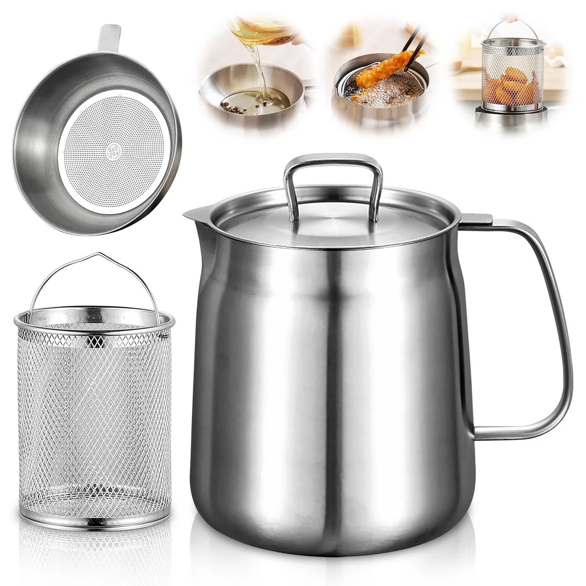 Recipiente para grasa de tocino, 2 L, mini olla de acero inoxidable con colador, filtro de aceite, recipiente para grasa de tocino, herramienta de cocina para almacenar aceite de fritura y grasa de