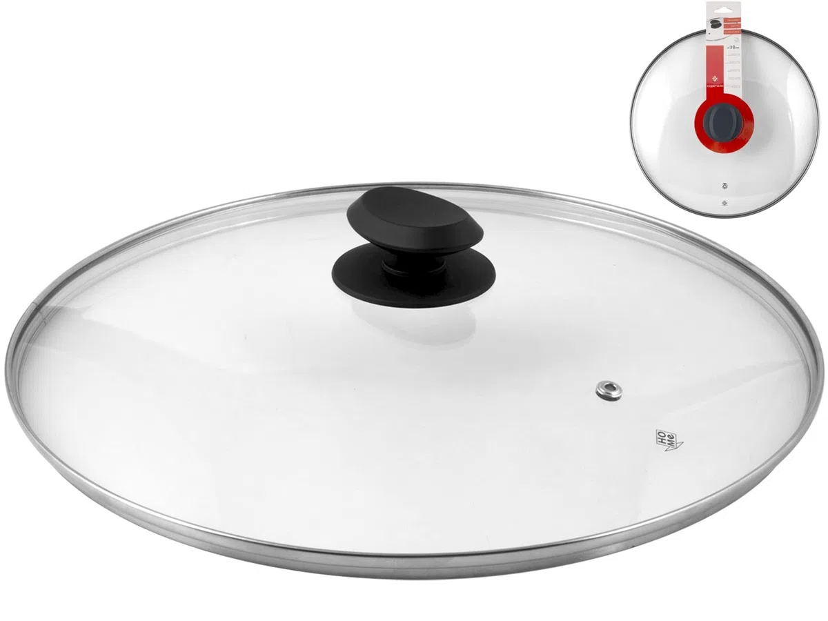 Home Coperchio con Bordo in Acciaio INOX, Plastica/Vetro, Trasparente/Nero, 38 cm