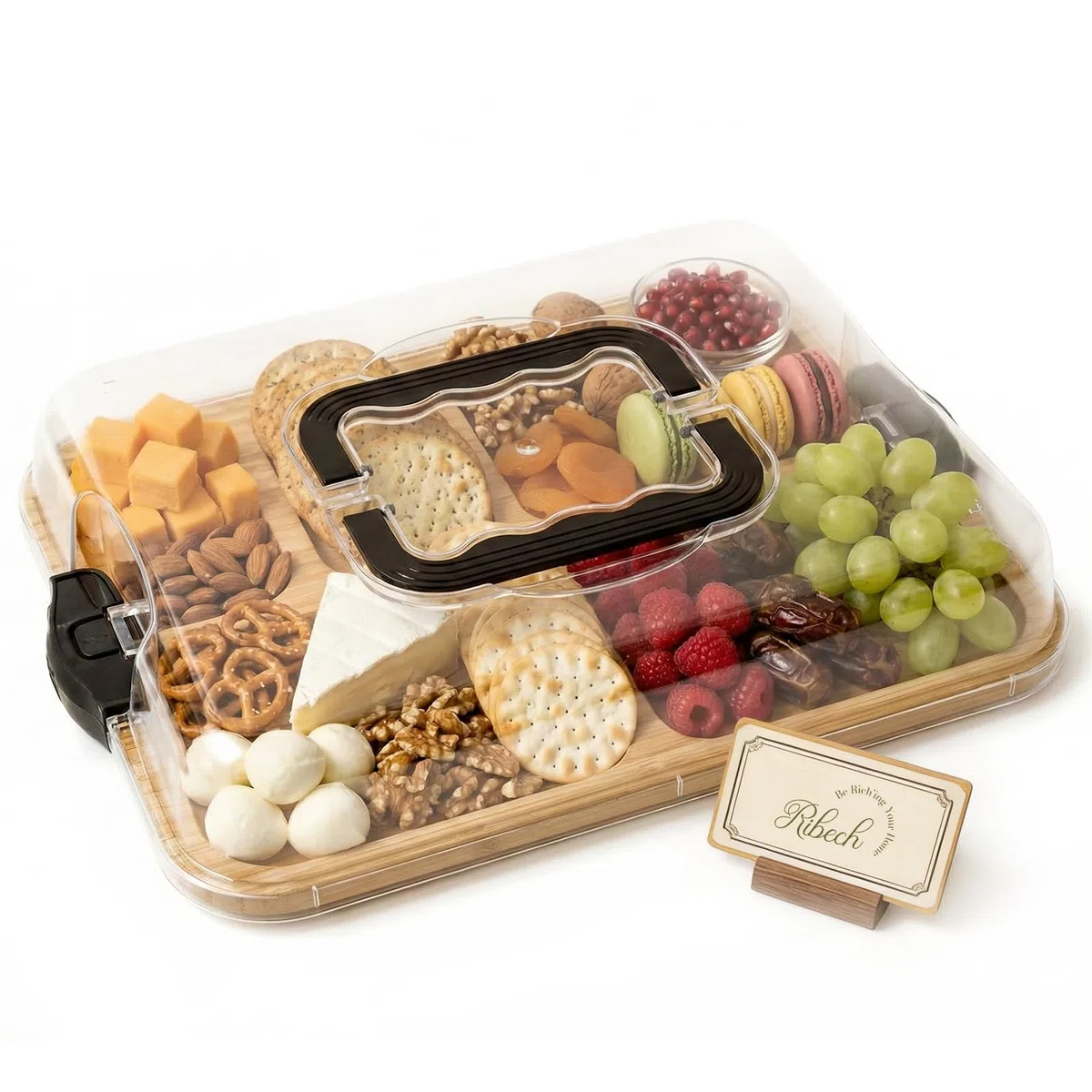 Tabla de Charcutería con Tapa – Bandeja para Quesos Portátil con 6 Compartimentos, Tabla de Madera de Bambú – Ideal para Picnic, Brunch y Viajes