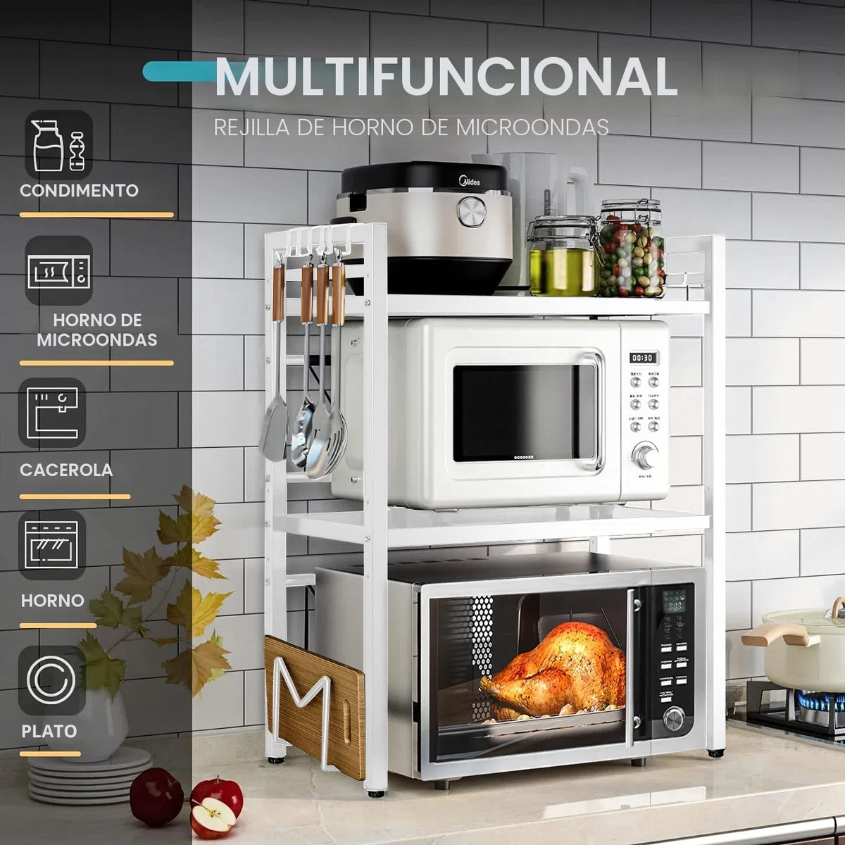 devesanter Estantería para microondas de 3 niveles, organizador con 5 ganchos, estante de cocina, estante para especias, extensible, para encimera, para panadería de 40-6