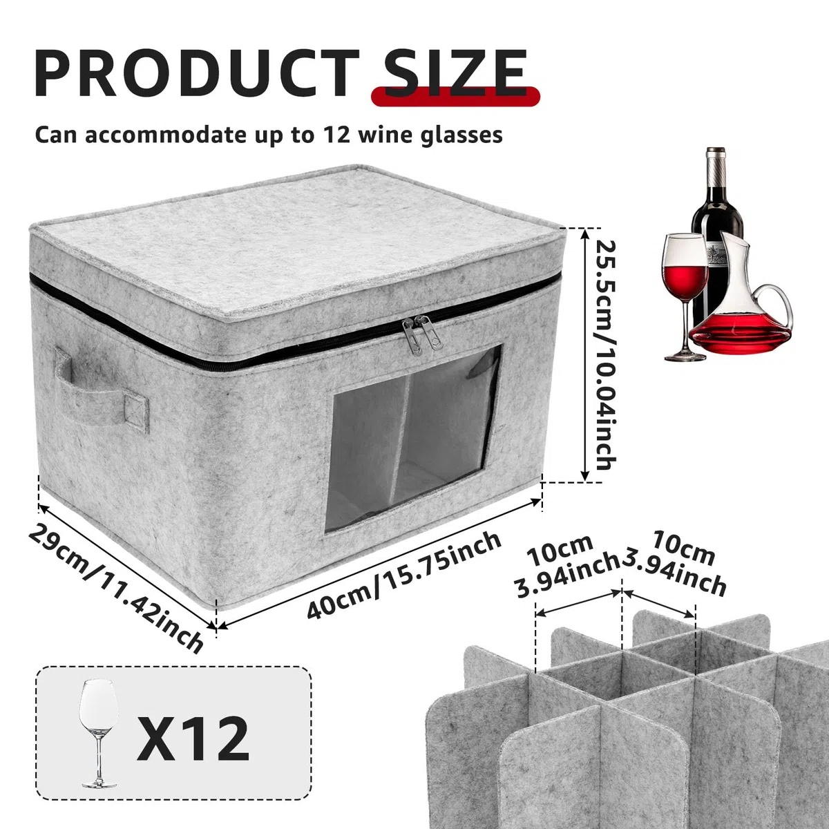 Caja de almacenamiento para copas de vino, organizador con 12 compartimentos y asa, ventana transparente, caja de cartón para 12 copas de vino, copas de vino tinto, copas de champán, copas