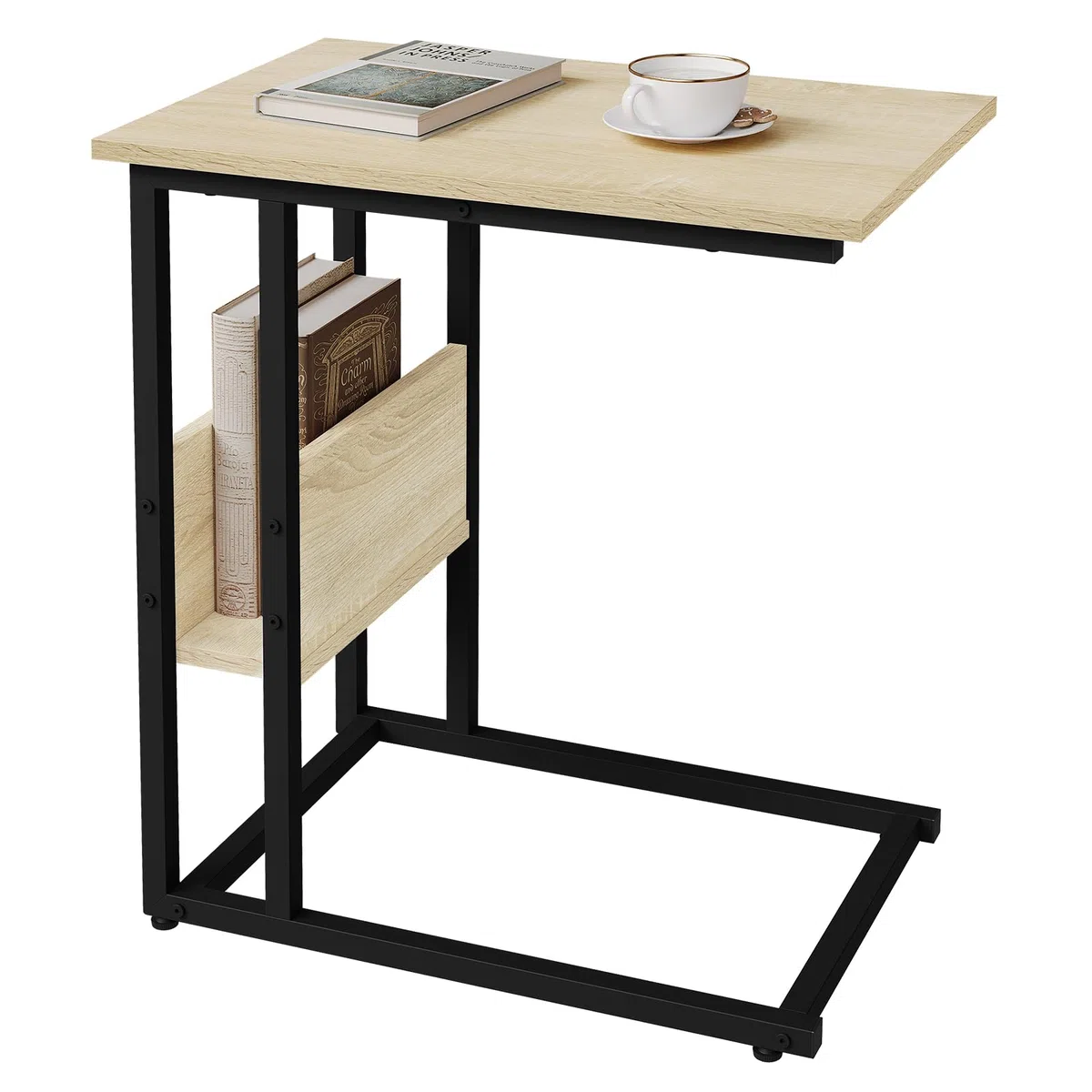WOLTU Mesa Auxiliar de Centro Mesita de Noche Portátil, Marco de Metal y Madera, Roble 55x36x59,5cm(BxTxH) TS79hei