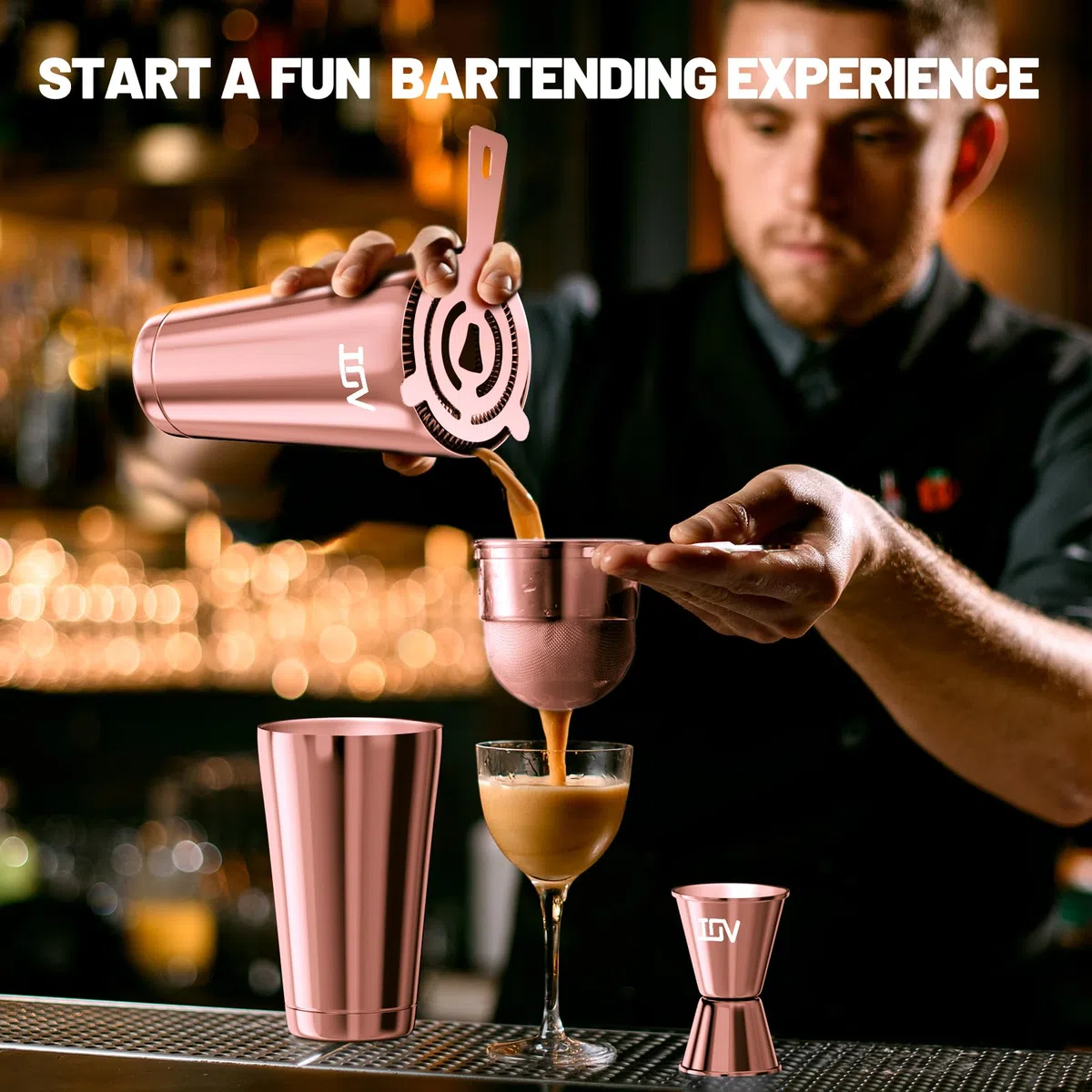 IOV Boston - Juego de coctelera para bar, juego de mezclador de bebidas con agitadores Boston de 18 y 28 onzas, colador Hawthorne, medidor doble, kit de herramientas de barra y folleto de recetas, oro