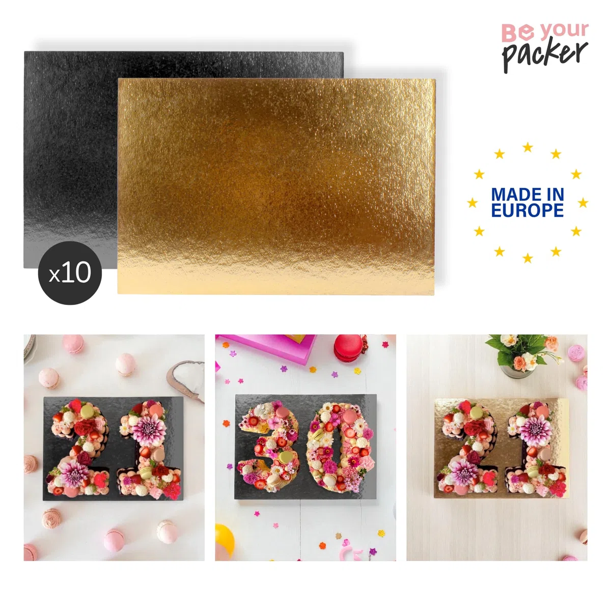 Bases de Tarta Rectangular 40x60 cm | Pack de 10 Oro - Negro | Grosor 1 mm | Expositor en Cartón para Bizcochos, Pasteles y Dulces | Dorado y Negro