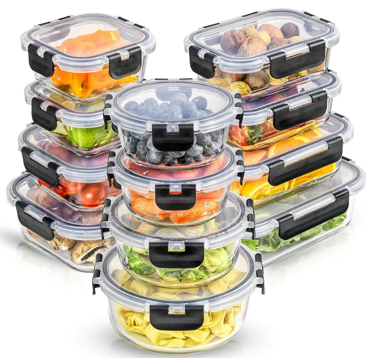 JoyJolt 24 recipientes de almacenamiento de vidrio de borosilicato con tapas, 12 recipientes herméticos/aptos para congelador, para despensa y cocina, recipiente de preparación de comidas para