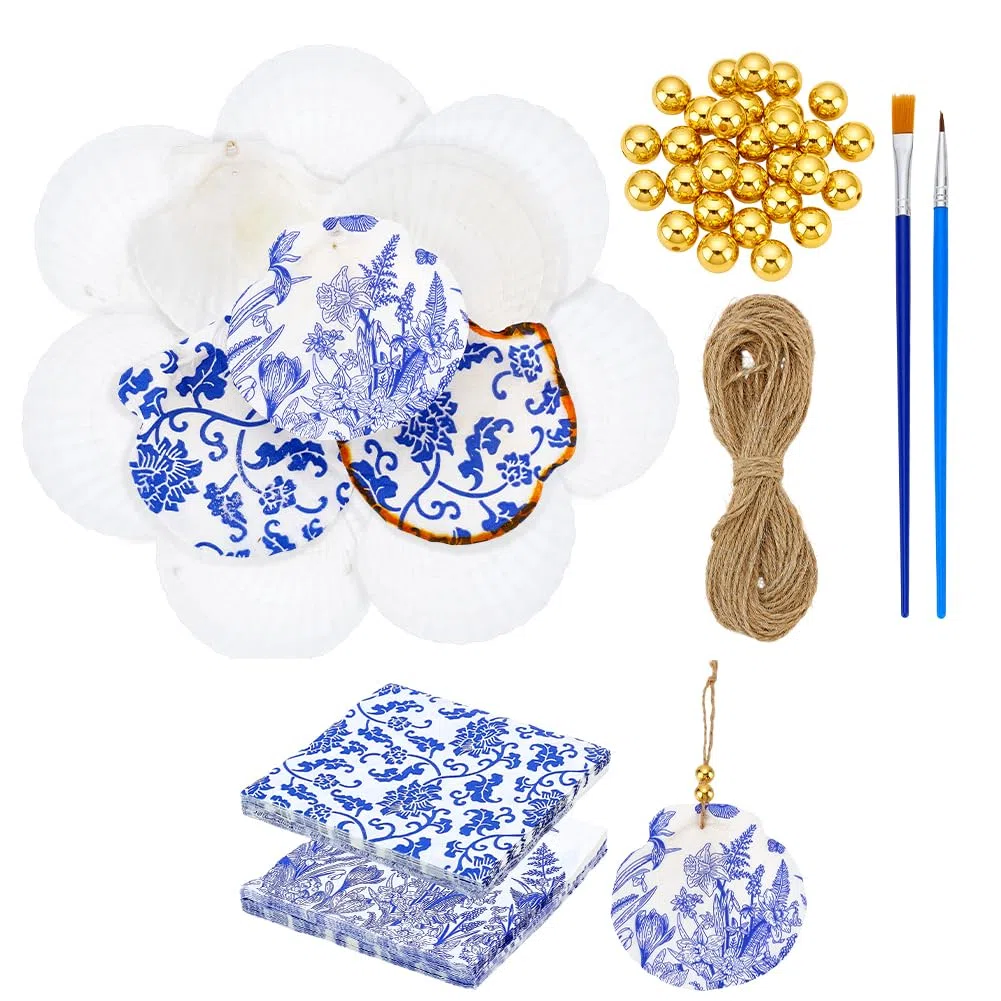 PH PandaHall Juego de 12 juegos de decoupage con conchas de vieira, grandes conchas con 24 piezas de papel para decoupage, 10 m, cuerda, 2 pinceles, 30 cuentas doradas para manualidades y bricolaje