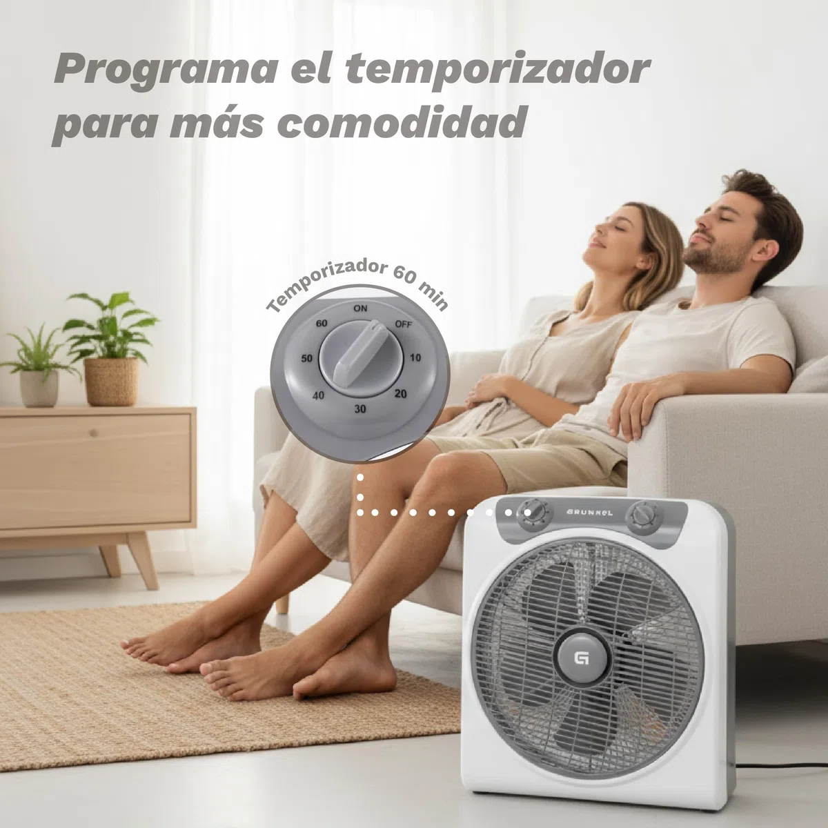 Grunkel - Ventilador de suelo potente y ligero - BOXFAN - Circulador de aire con temporizador de 60 minutos y 3 velocidades. Aspas 30cm de diámetro, función oscilación. - 50W