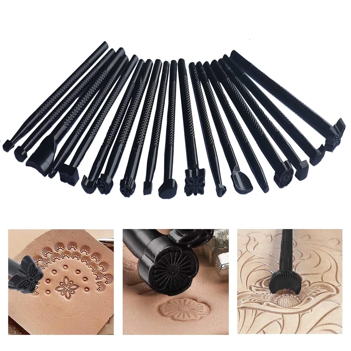 Juego de 20 herramientas de corte de cuero, estampado de cuero, herramientas de sello negro, kit de sello de diferentes formas para el procesamiento artístico de cuero