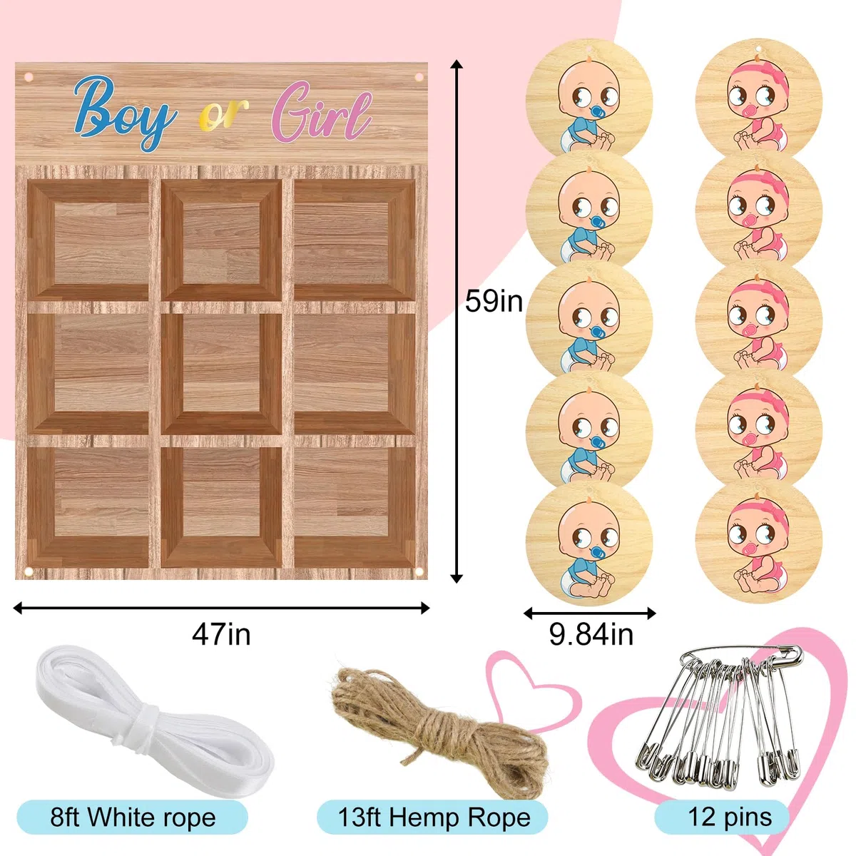 ANPUNAT Juego para Bebés, Juego de Tres en Raya para Revelar el Género del Bebé (Niño o Niña), Kits de Decoración para Baby Shower y Anuncios de Embarazo