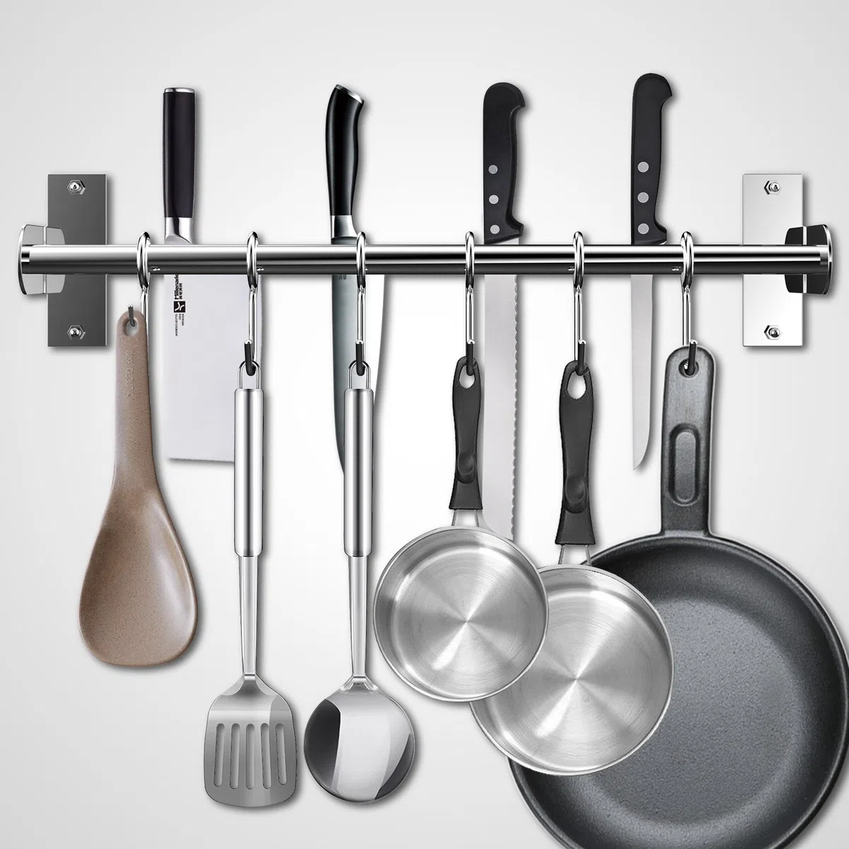 El Soporte de Cuchillos, Gancho de Cocina 6 Ganchos con portacuchillas, Doble Tubo de Acero Inoxidable, 40 cm de Largo (Pulido Brillante)