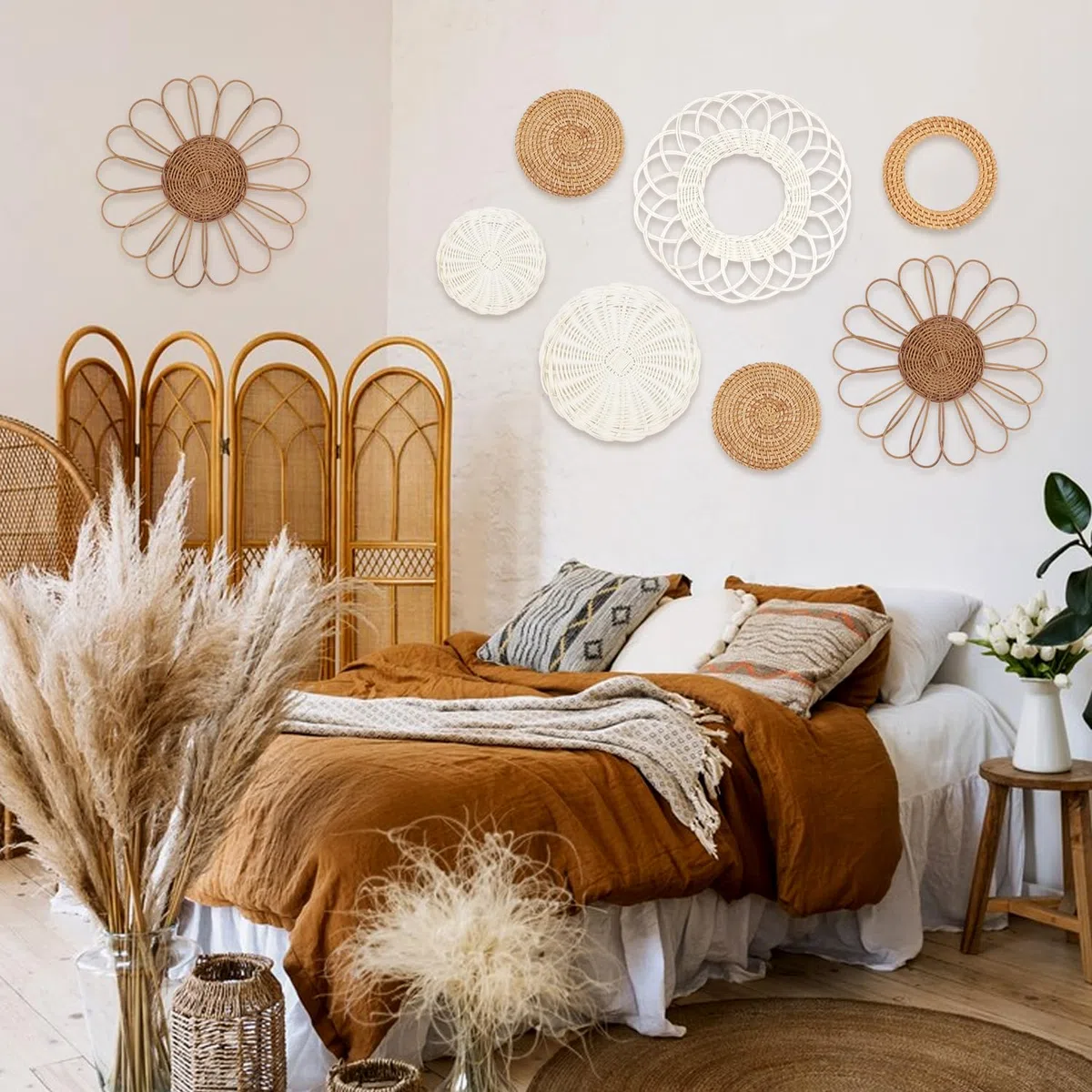 YIYA Juego de 8 Cestos Mimbre Decoración Pared Cestas de Ratán para Pared Decoración Bohemia para Decoración de Pared Sala de Estar o Dormitorio