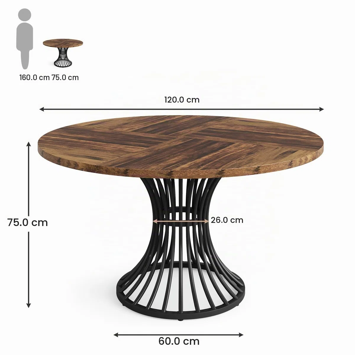 Tribesigns Mesa de Comedor Redonda para 4-6 Personas, 120 cm, Redonda, Mesa de Comedor Industrial con Base de Metal para Cocina, Salón, Color Negro y Marrón