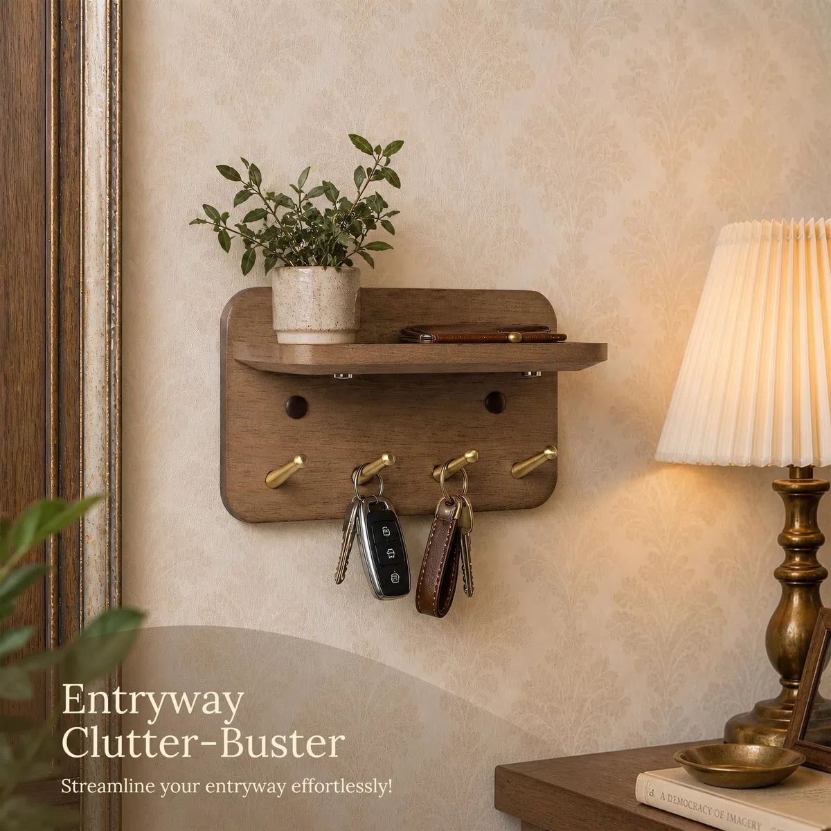 Porta Llaves de Pared con Estante – 4 Ganchos Latón, Madera Maciza, Magnético, 3 Instalaciones: Adhesivo, Tacos o Clavos Invisibles, para Entrada, Salón, Dormitorio, Oficina, Nogal