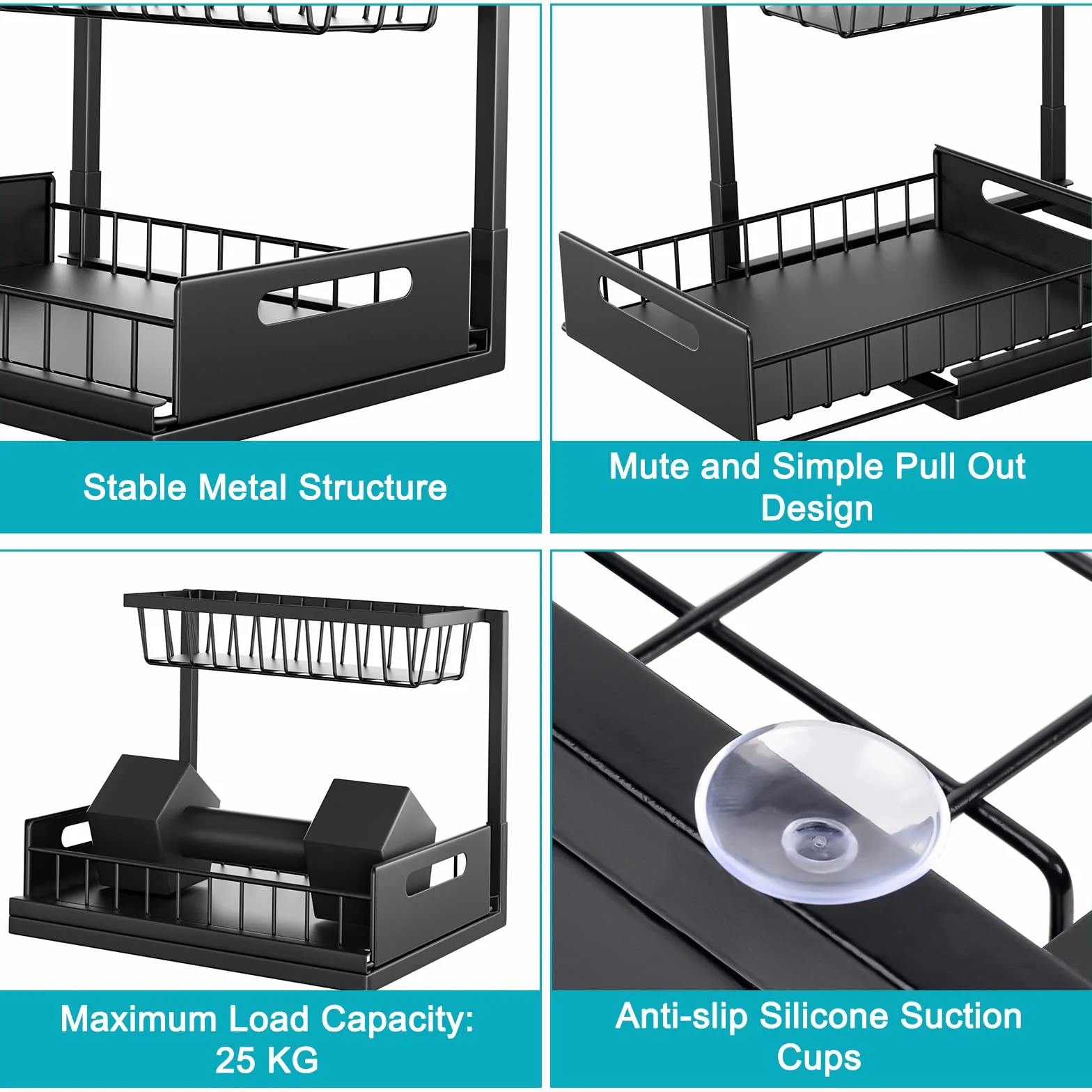 Cocolemon Organizador Bajo Fregadero Cocina, Metal 2 Niveles Organizador Extraíble Estante Almacenamiento Debajo Fregadero Forma de L, Negro