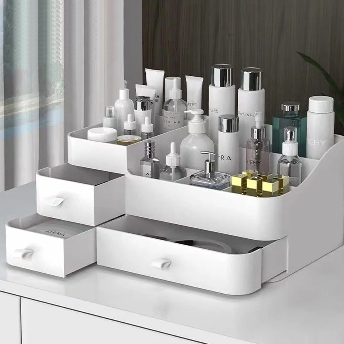 Queta Blanco Organizador de Maquillaje, se Adapta a Joyas, cepillos, Barras de Labios y cremas, Almacenamiento de Cosméticos con con 3 cajones y 8 cuadrículas