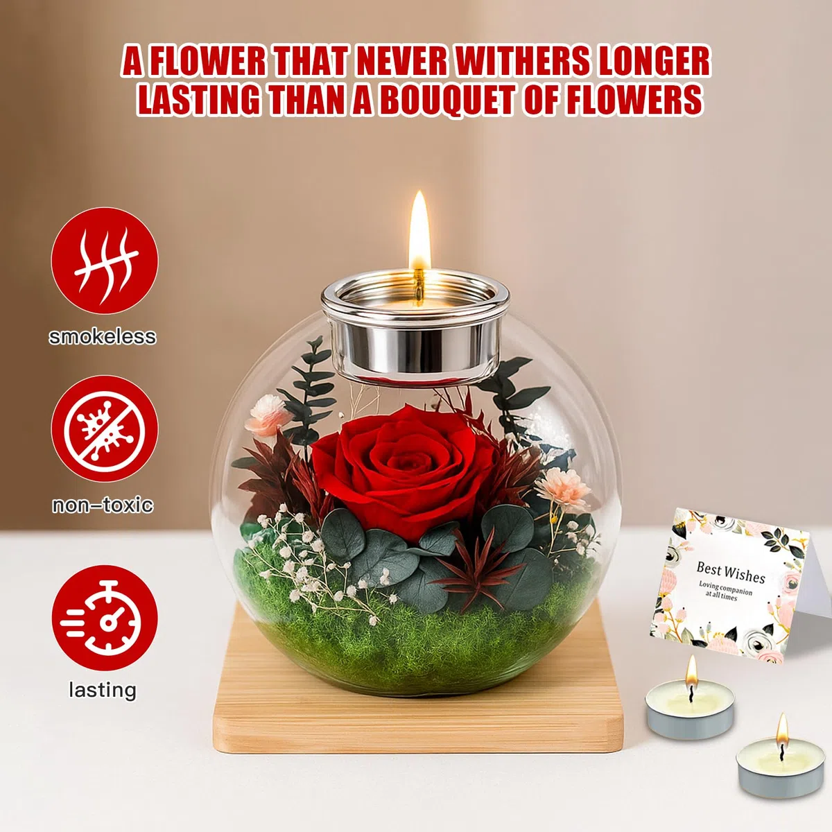 Rosa eterna en cristal, regalos para mujeres, flores conservadas para mujeres, mamá, novia, contacto redondo de cristal con 18 velas perfumadas, regalo para Navidad, día de la madre, día de San