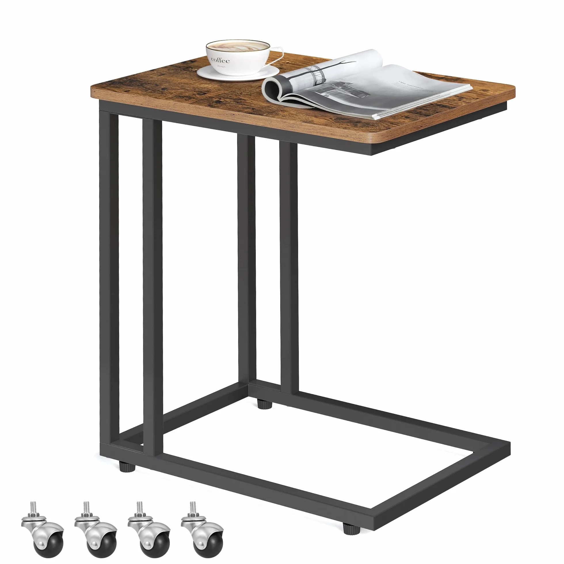 VASAGLE Mesa Auxiliar de Estilo Industrial, Mesa Lateral con Ruedas y Pies Ajustables, para Dormitorio, Marco de Acero, FÁcil de Montar, MarrÓn RÚstico y Negro LNT50X