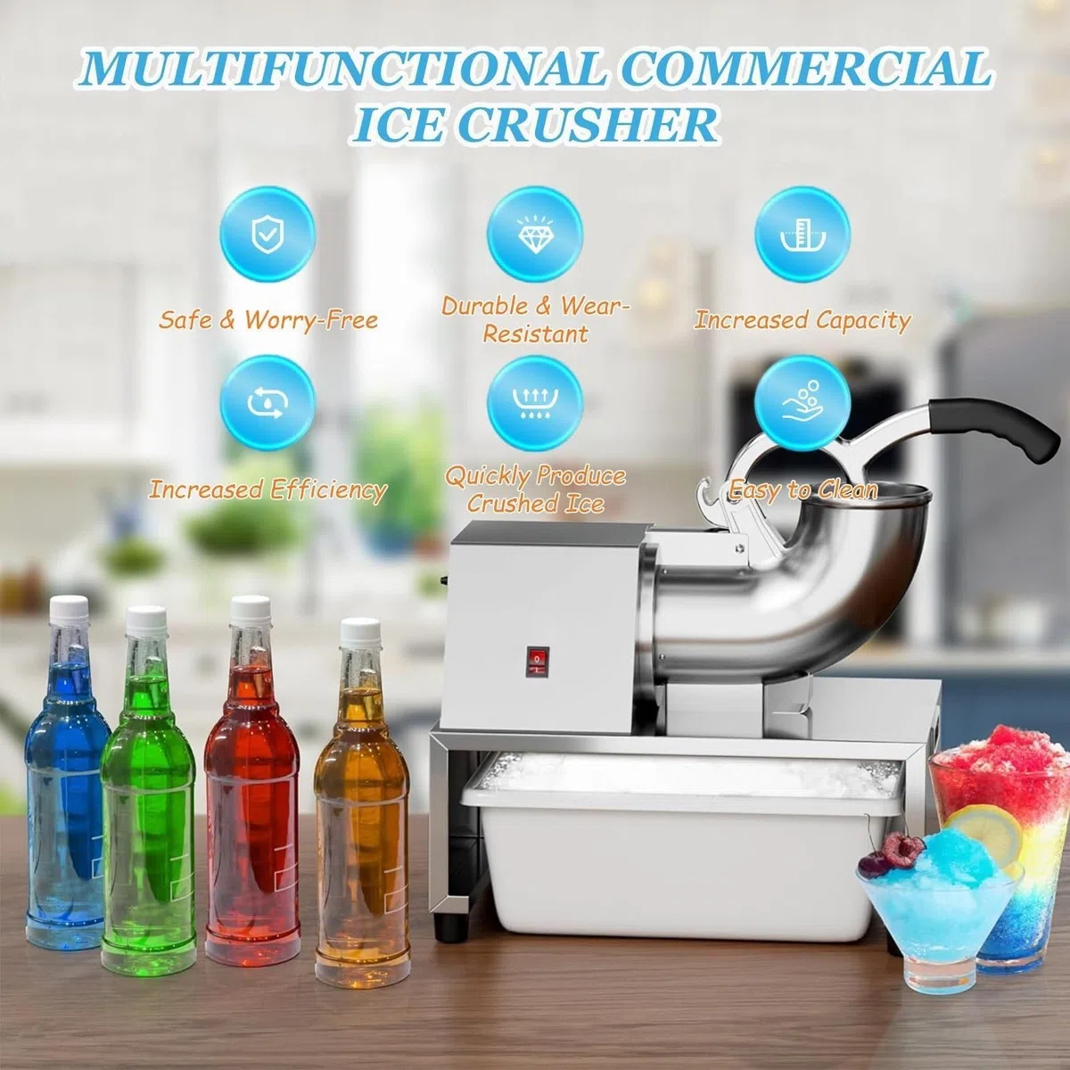 Máquina comercial picadora de hielo, máquina eléctrica de conos de nieve de 220 LBS/H, fabricante de hielo rallado a 1400 RPM, apertura de descarga de 40 cm de ancho para restaurantes, bares, fiestas