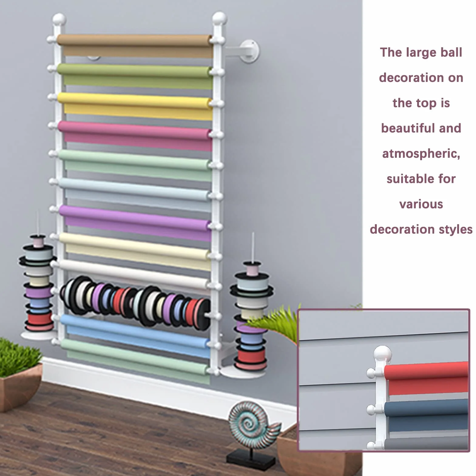 Estantes de pared de 12 niveles para carretes de papel pintado, bufandas de celofán y papel de envoltura de flores, ideal para manualidades y tiendas de regalos