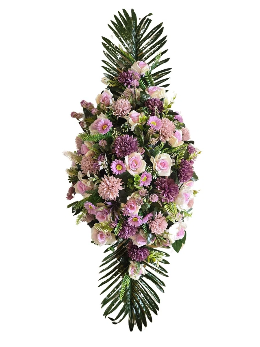 DRW Centro de Flores Artificiales cojin Cementerio procesiones, Iglesias Bodas o sepulturas con Flores Lilas y malvas Estilo Barco 115x45x25