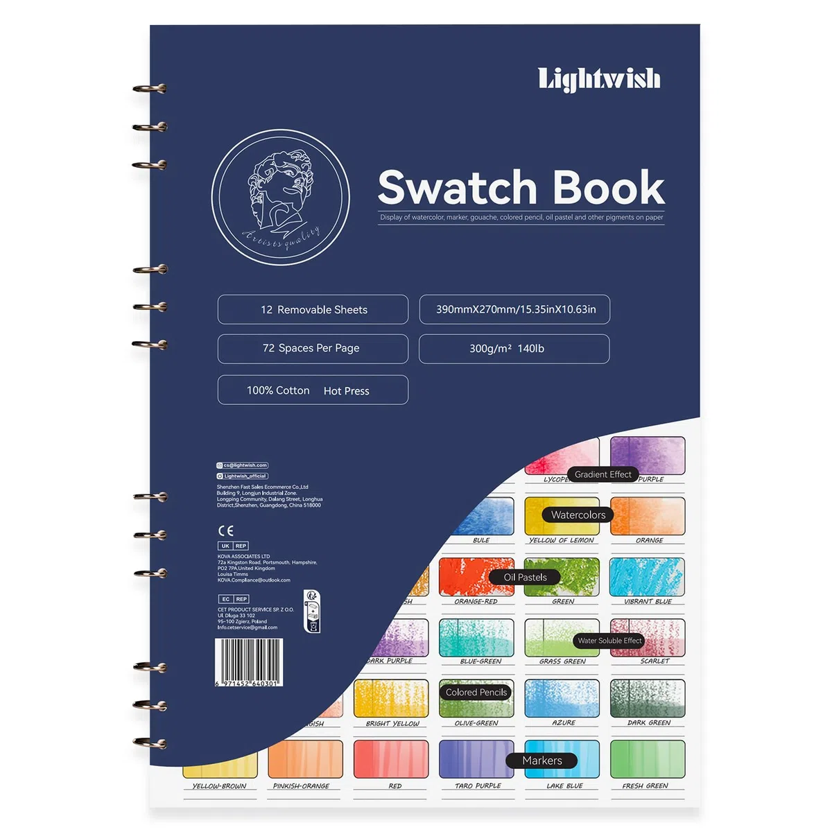 Lightwish Cuaderno de Muestras de Acuarela - 12 Hojas Desprendibles 100% Algodón 72 Espacios, 39.0 x 27.0 cm, 300gsm/140lb Hot Press para Acuarela, Gouache y Cretacolor