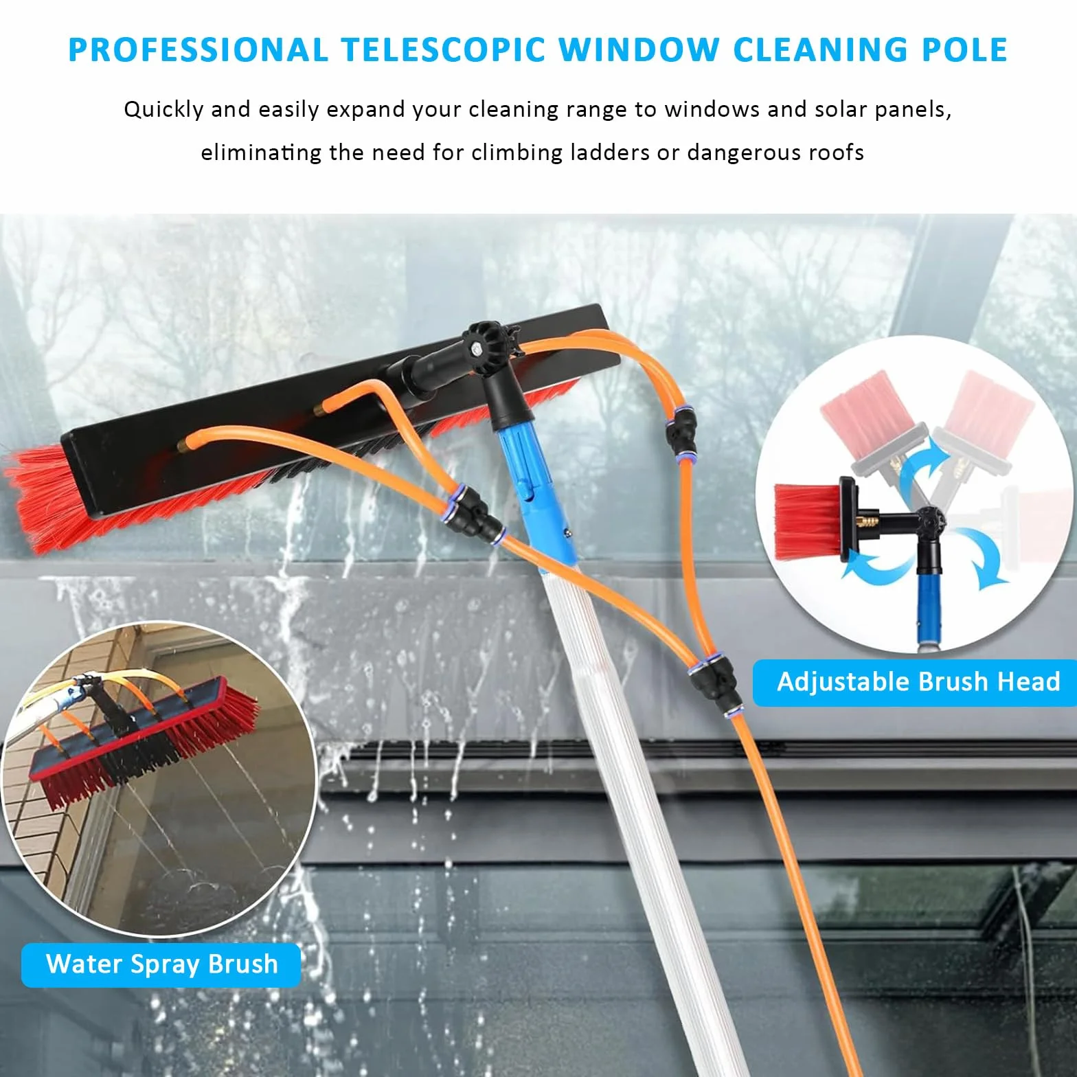 Kit telescópico de limpieza de ventanas alimentado por agua, limpiador de paneles solares y equipo de limpieza de techo de invernadero para un mantenimiento exterior eficiente