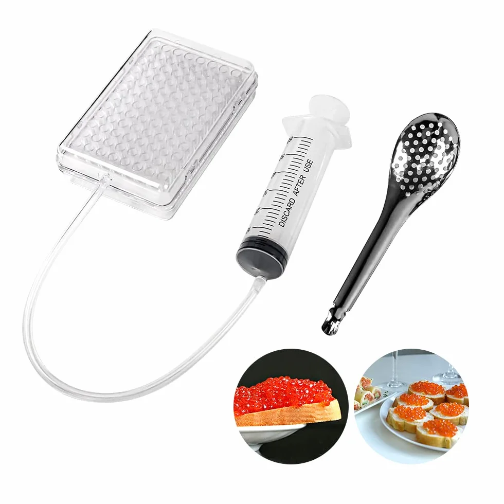 DUEBEL Dispensador de caviar esférico mejorado, caja para hacer caviar, kit de gastronomía molecular, dispensador de salsa de huevas de 96 agujeros con infusor y cuchara coladora