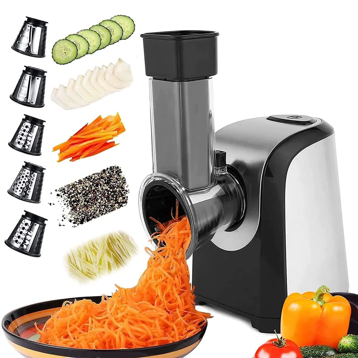 COOCHEER Cortador eléctrico de verduras | Rallador profesional de 150 W 5 en 1 con tambores de corte para verduras, queso, nueces, hogar y preparación de ensaladas, apto para lavavajillas