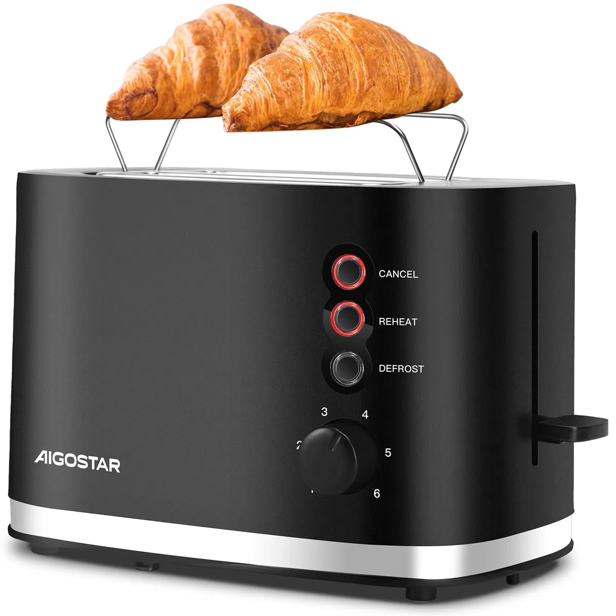 Aigostar Energy - Tostadora de 2 Ranuras con Rejilla Calientabollos Incorporada, Ranuras Extra Anchas, 6 Niveles de Tostado, 3 Funciones, Descongelación, Bandeja Recogemigas, Libre de BPA, Negro