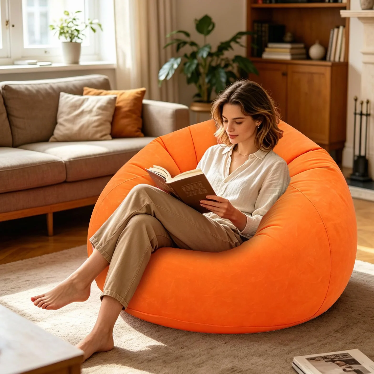 FARYODI Sofá hinchable, sillón hinchable, 105 x 105 x 60 cm, ultrasuave, sin relleno de frijoles, inflable rápido y portátil para salón, jardín, camping (naranja)