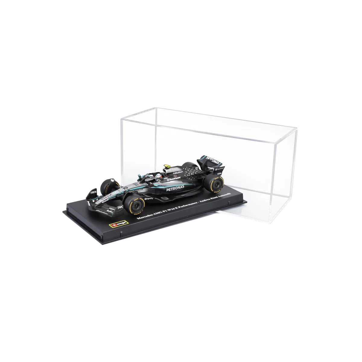 Bburago - Mercedes-AMG W16 2025#12 Antonelli, Coche diecast a Escala 1:43 con Vitrina de exposición, réplica Detallada del F1 Mercedes, Base incluida, Licencia Oficial, Edad Recomendada 14+ años